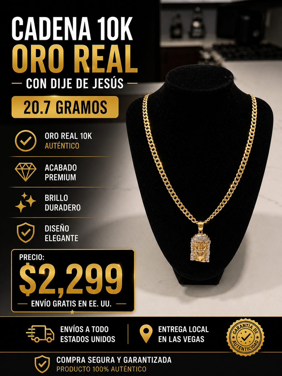 Cadena 10K Oro Real con Dije de Jesús – 20.7g