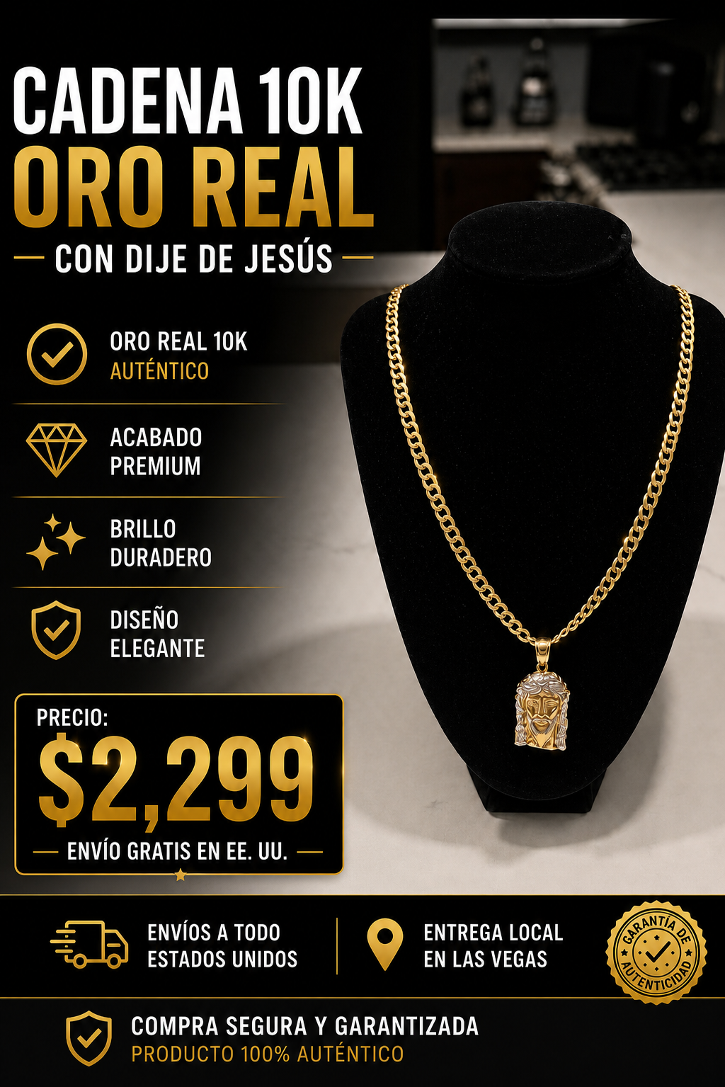 Cadena 10K Oro Real con Dije de Jesús